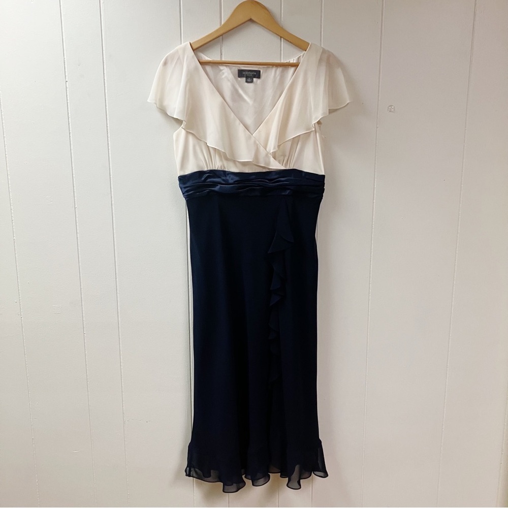 Vtg Y2k Formal Holiday Party Liz Claiborne Midi Tulip Dress SZ 12 Cream Black